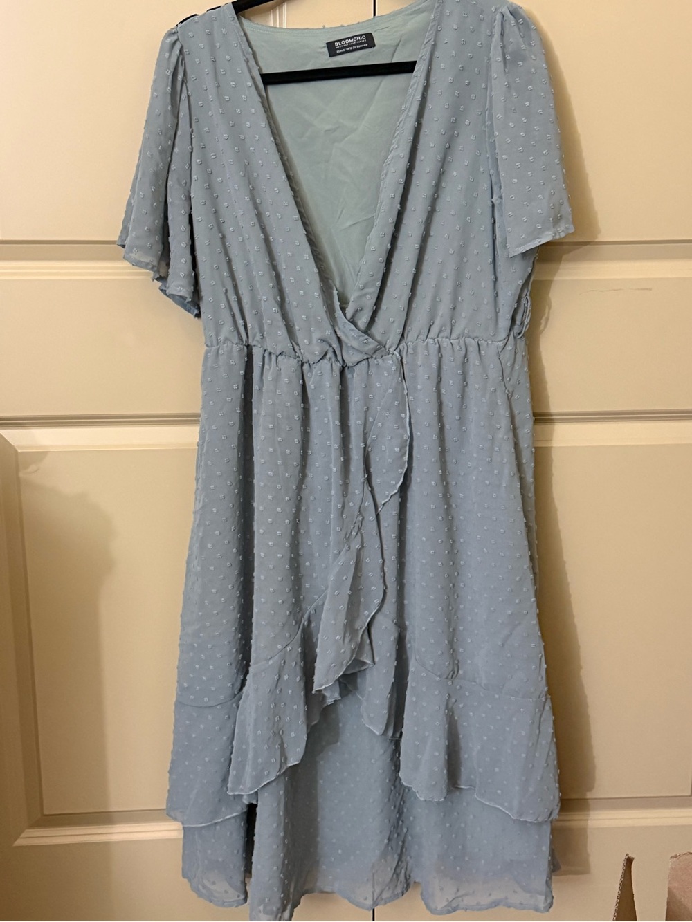 BloomChic Light Blue Swiss Dot Wrap Midi Dress
